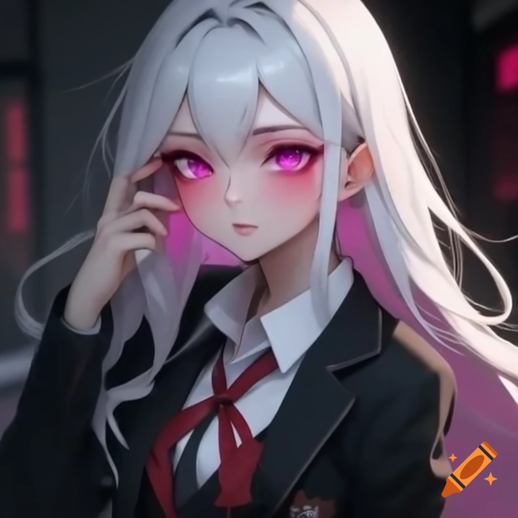 Character design featuring female with long platinum hair, magenta eyes, and freckles in school uniform