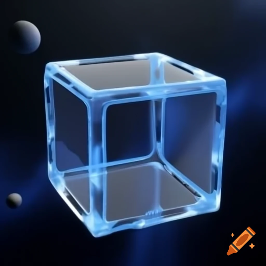 Large transparent cube floating in outer space