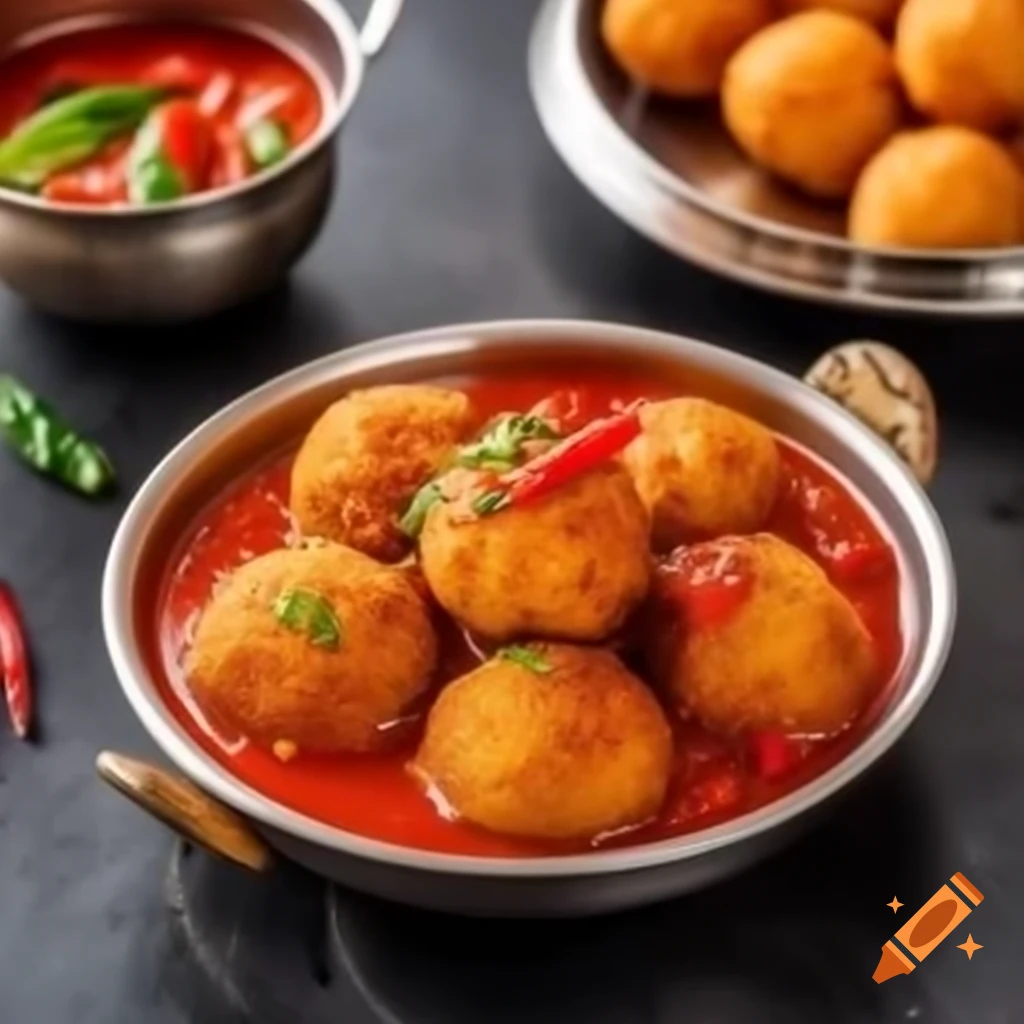 Indian style fried egg balls dipped in red sauce curry with onions and capsicum