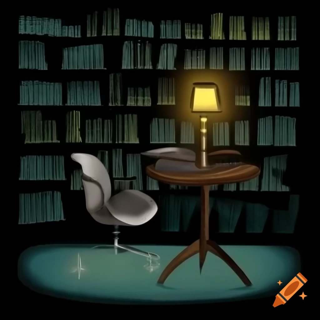Impressionist dark wood study with Eames chair, reading lamp, bookcases, and globe