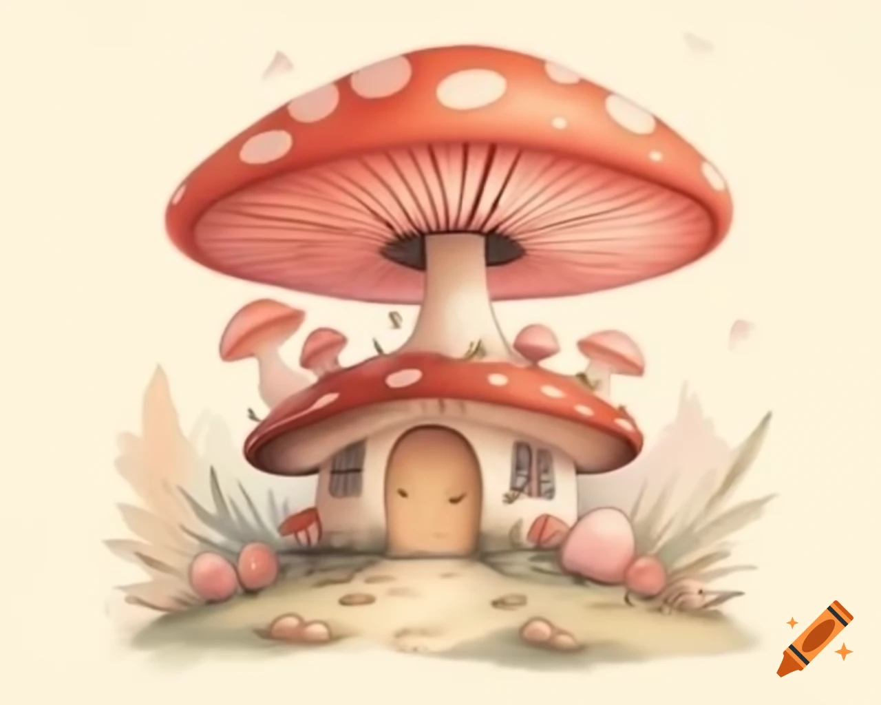 Watercolor mushroom house in light pink and brown, storybook style