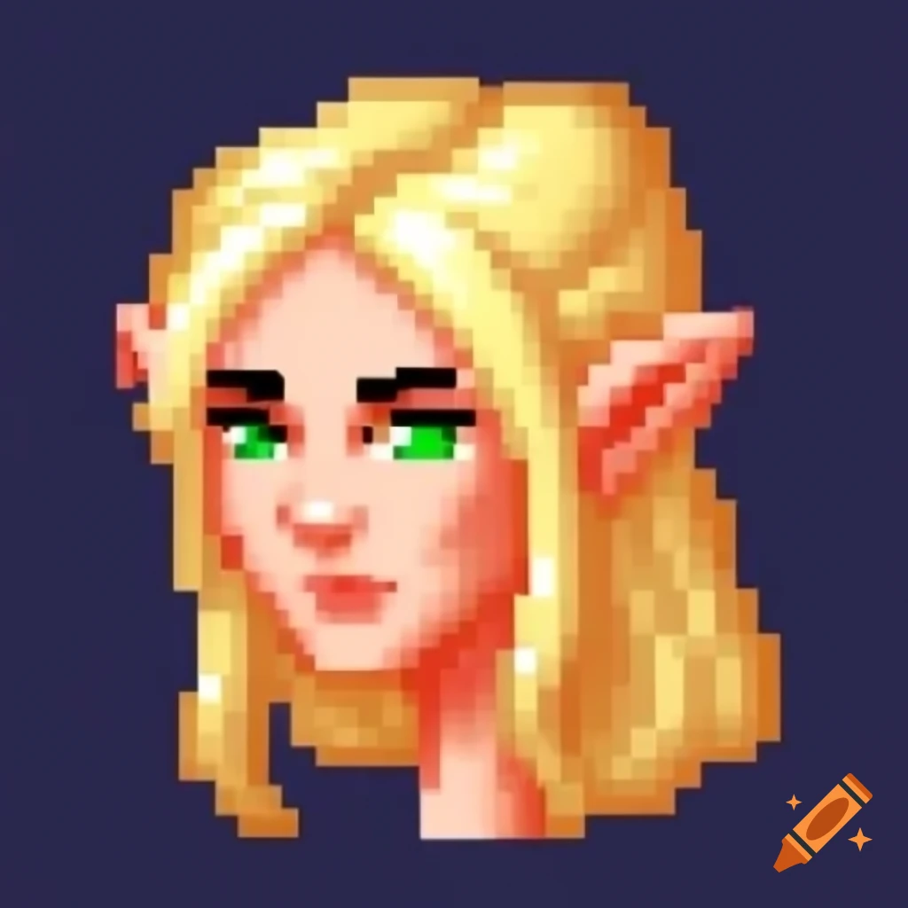 Pixel art of a female night elf with blonde bangs from World of Warcraft