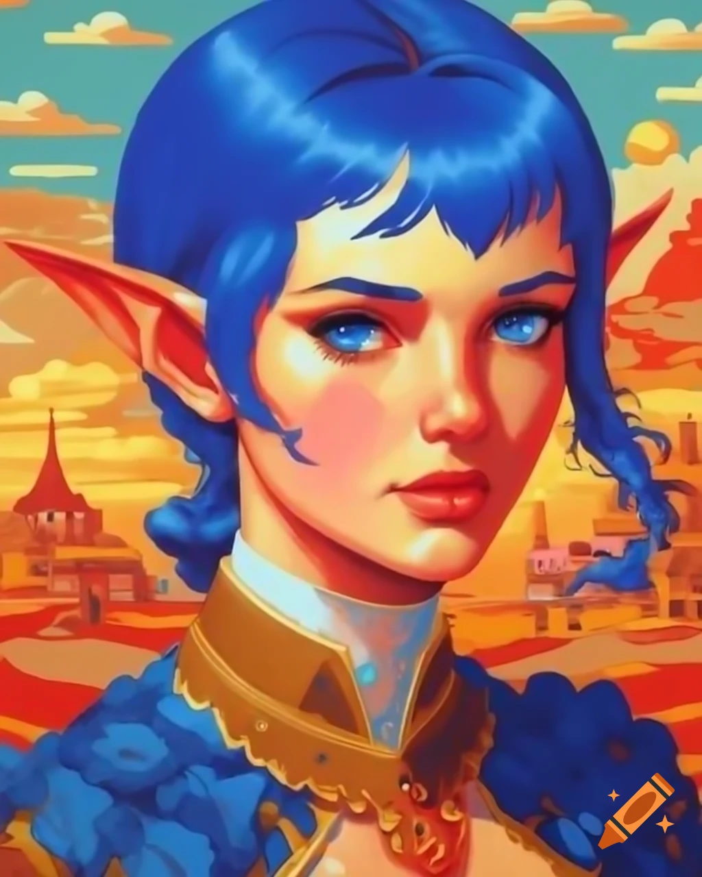 Retro pixel art portrait of blue-haired demi-elf in nomad village, Fire Emblem style