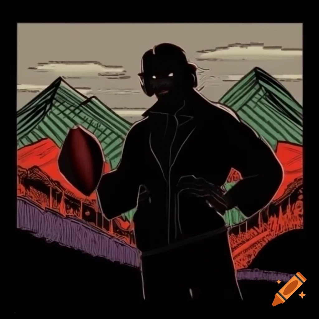Silhouetted man with football against hills in dramatic graphic novel style