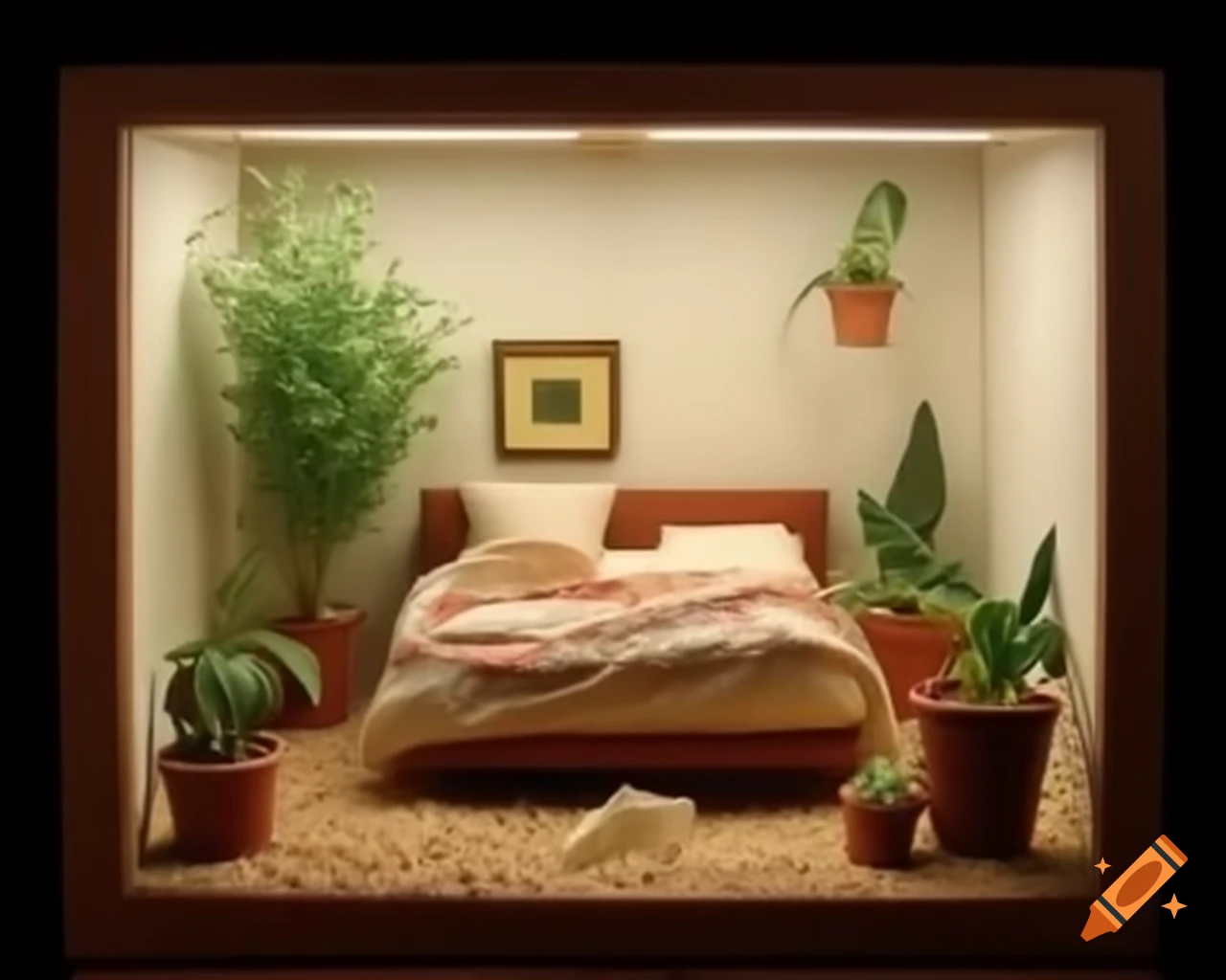 Miniature diorama of bedroom featuring potted plants