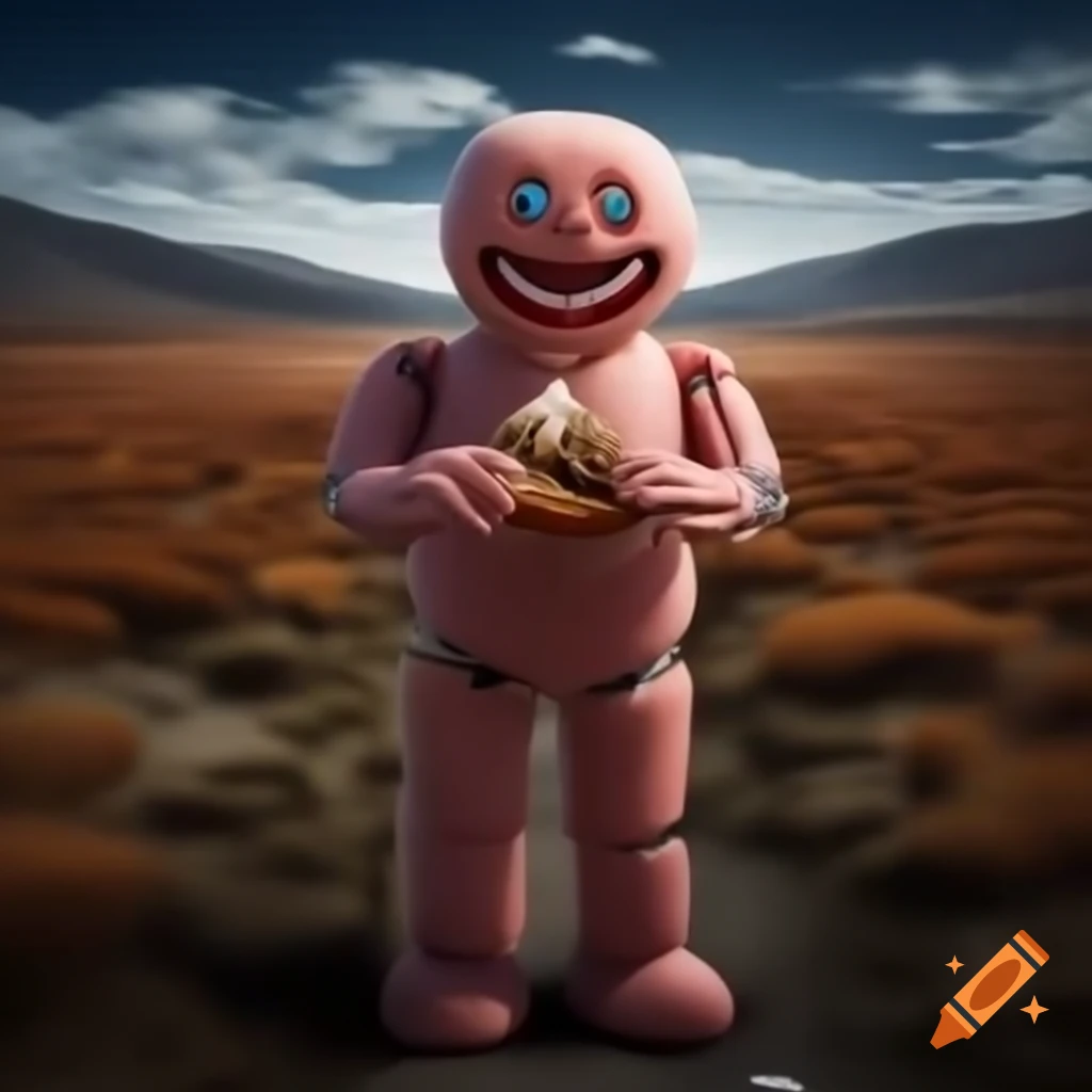 Cyborg eating in tundra landscape with dramatic atmosphere