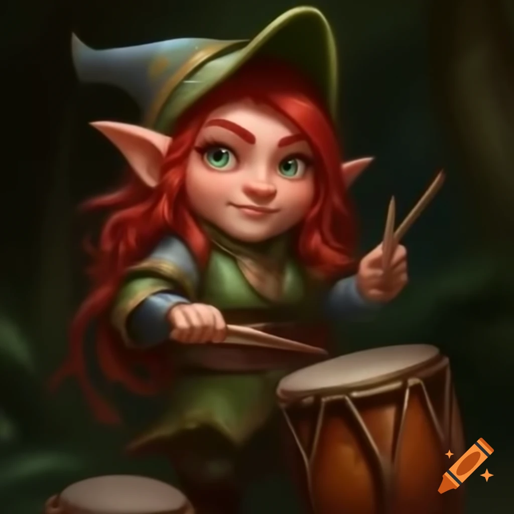 Charismatic female forest gnome sorcerer with red hair playing hand drum