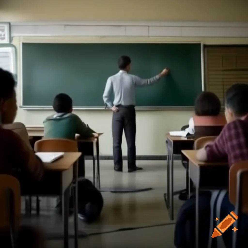 Teacher instructing a classroom filled with students in hyper-realistic style