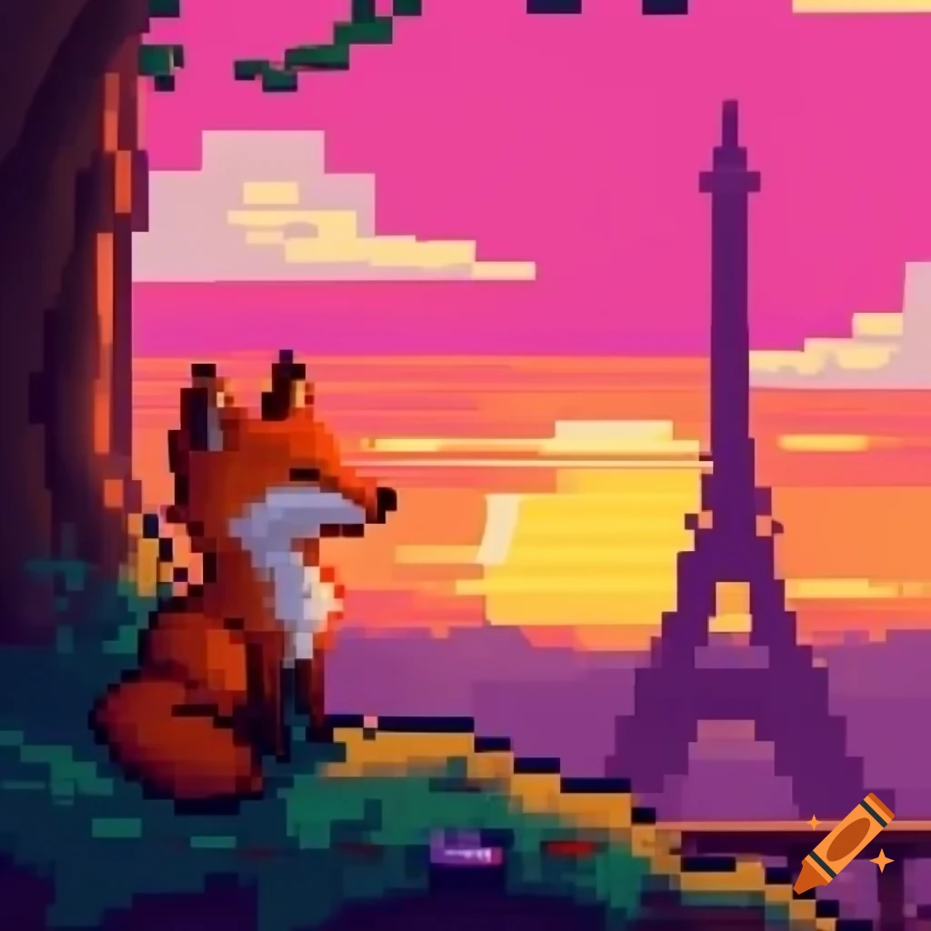 Pixel art of a fox watching sunset with Eiffel Tower in the background