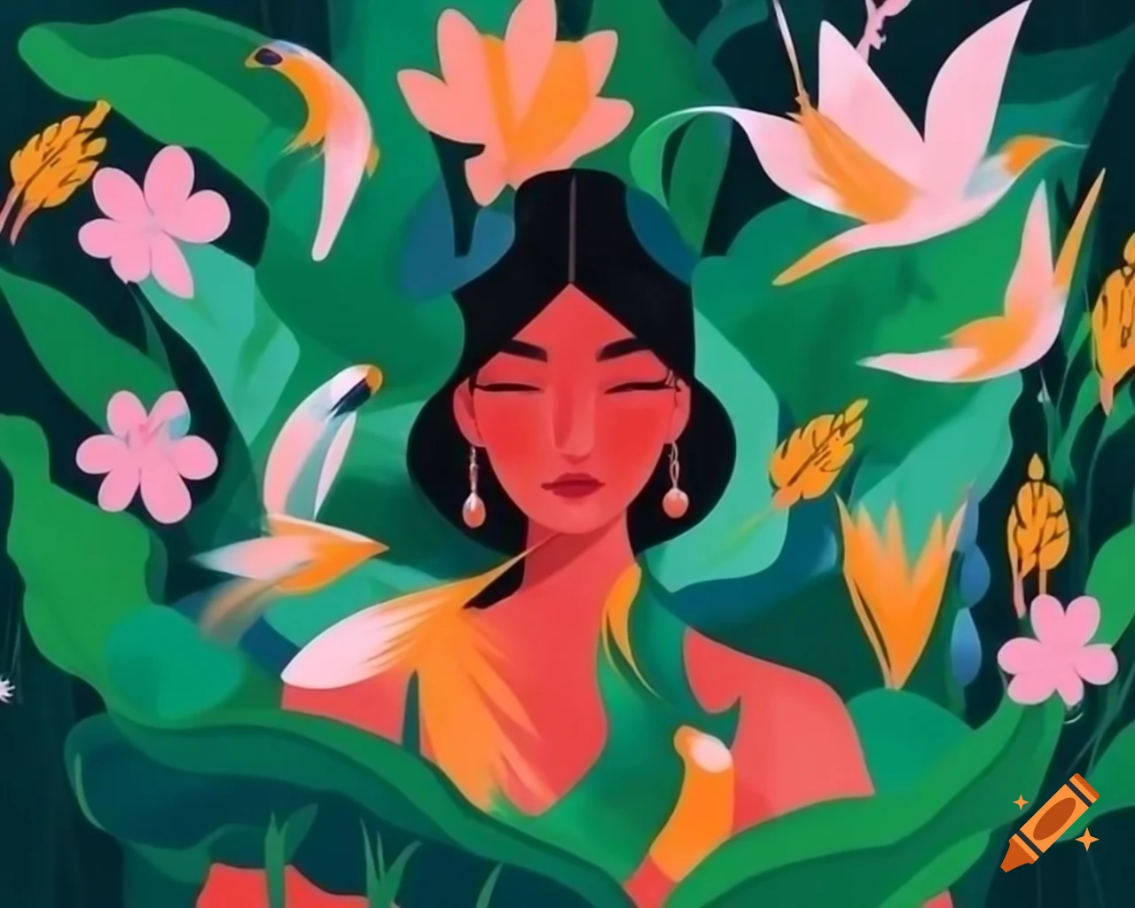 Dreamy woman in jungle landscape with abstract brush strokes and flowers