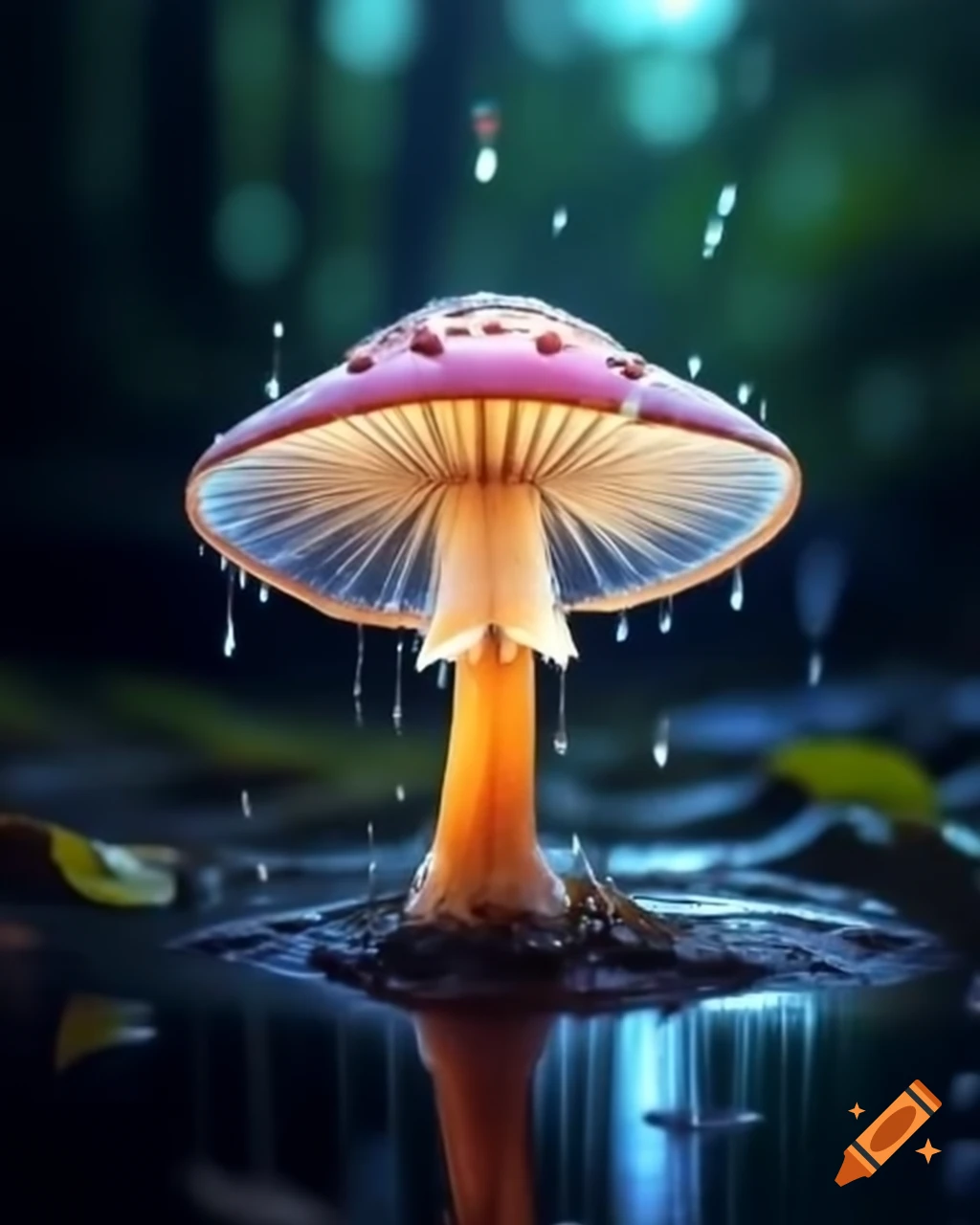Extreme macro photography of luminous mushroom on water puddle