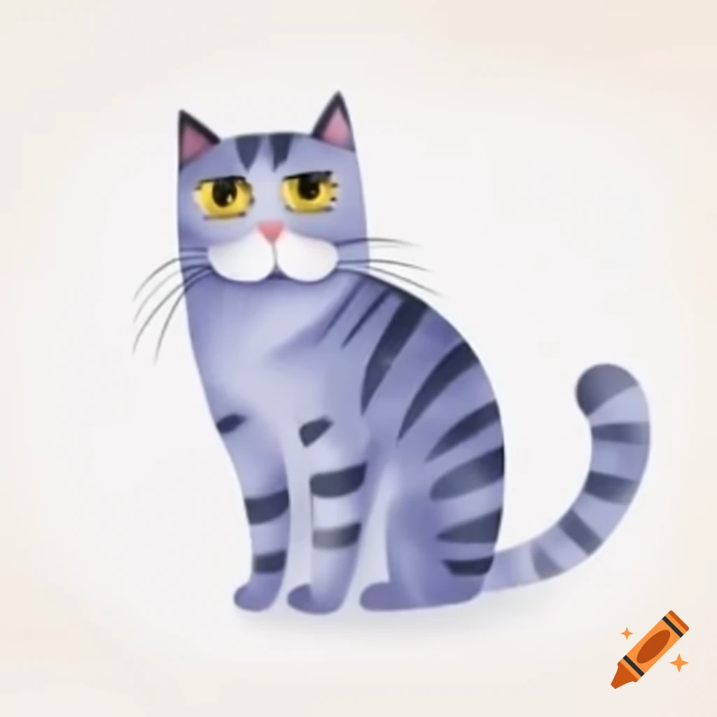 Cartoony cat illustration on white background in watercolor style
