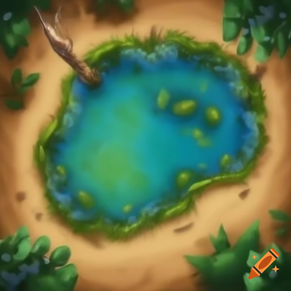 Top-down view of beautiful pond in sandy clearing, surrounded by vegetation, painted in Kinkade style