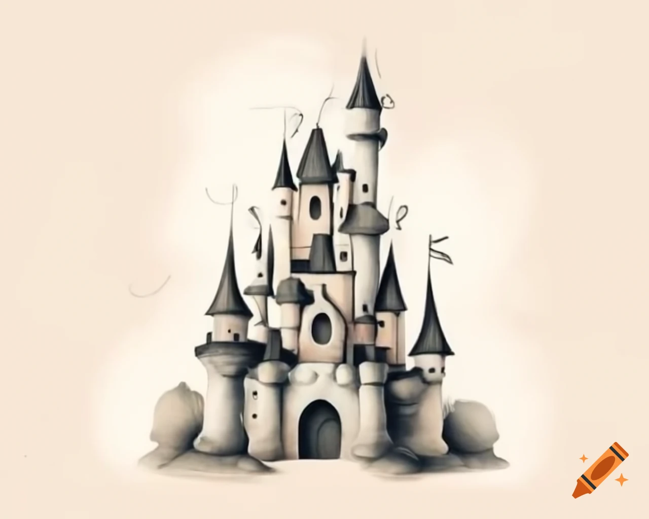 Watercolor fairy castle in black and silver storybook style