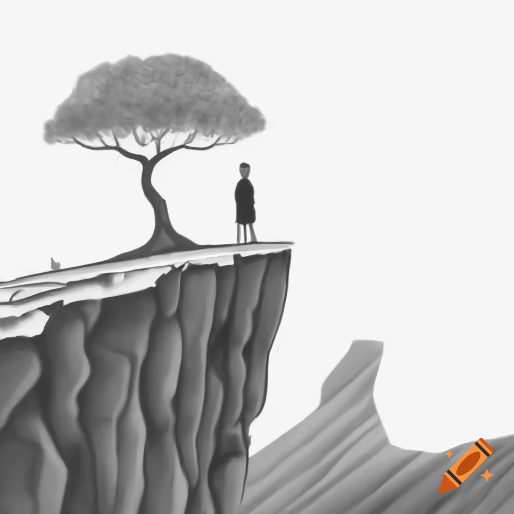 Black and white drawing of person camping on cliff with tree and wood fire