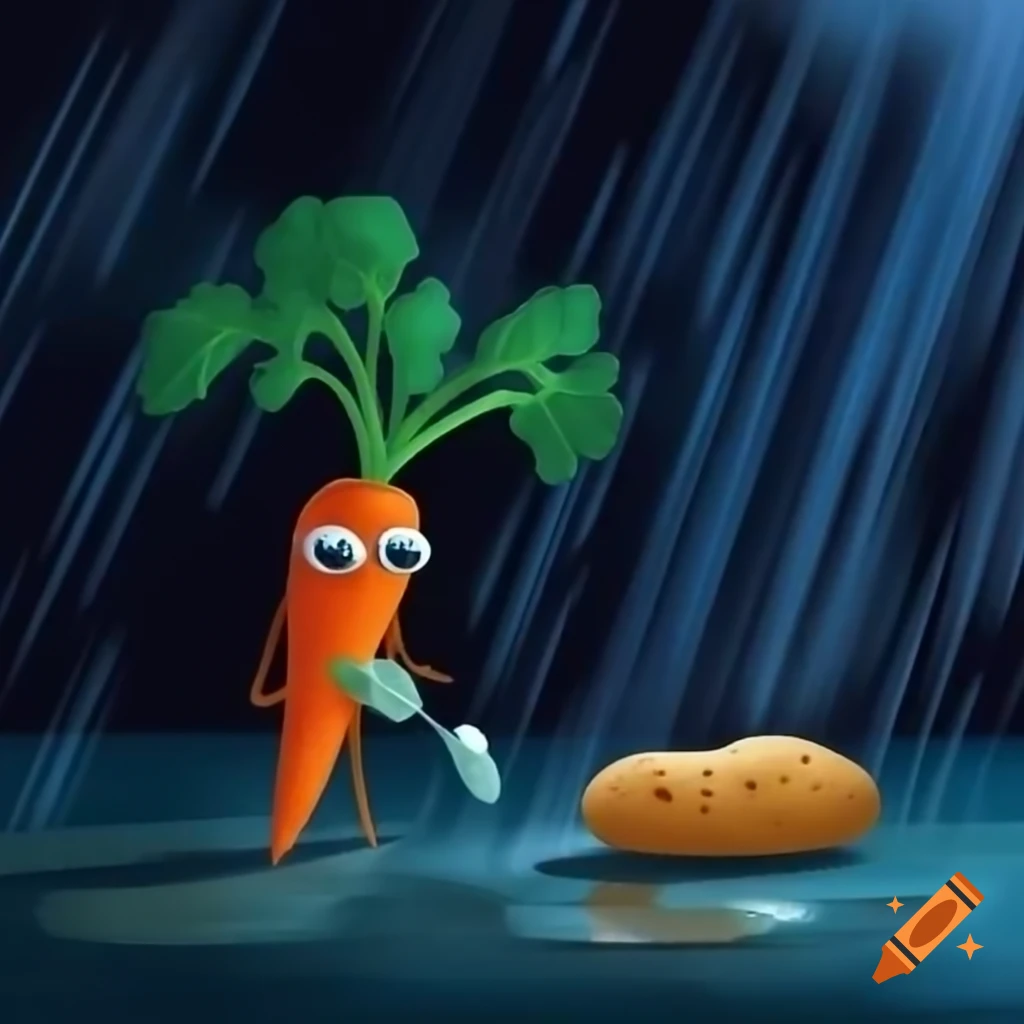 Whimsical scene of a carrot and potato in the rain at night