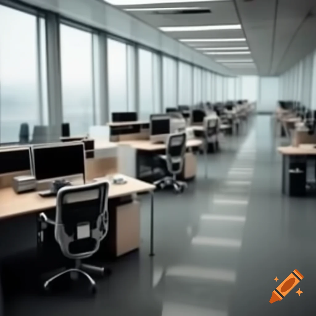 Empty office space with desks and computers, inspired by The Office series