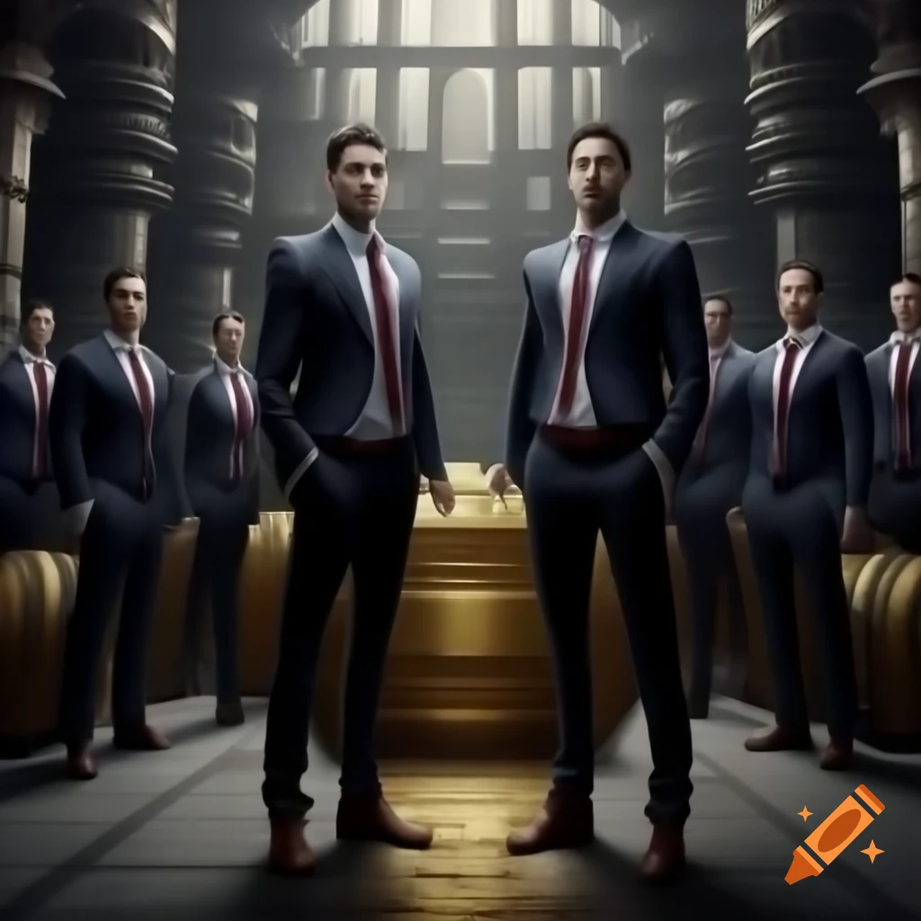 Businessmen in suits kneeling before golden treasure chest in fantasy temple