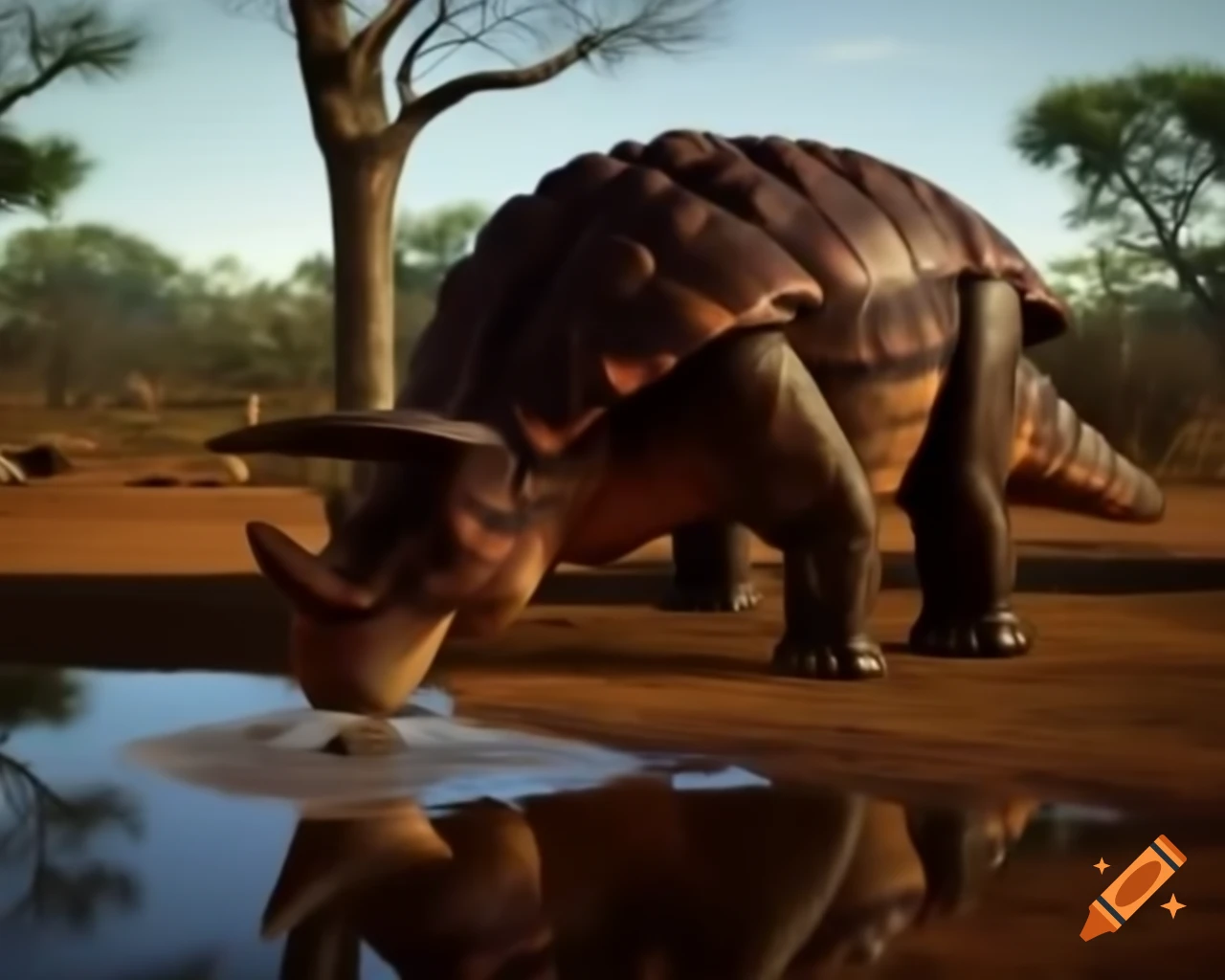 Cinnamon and brown ankylosaurus drinking in puddle under tree in sunny clearing