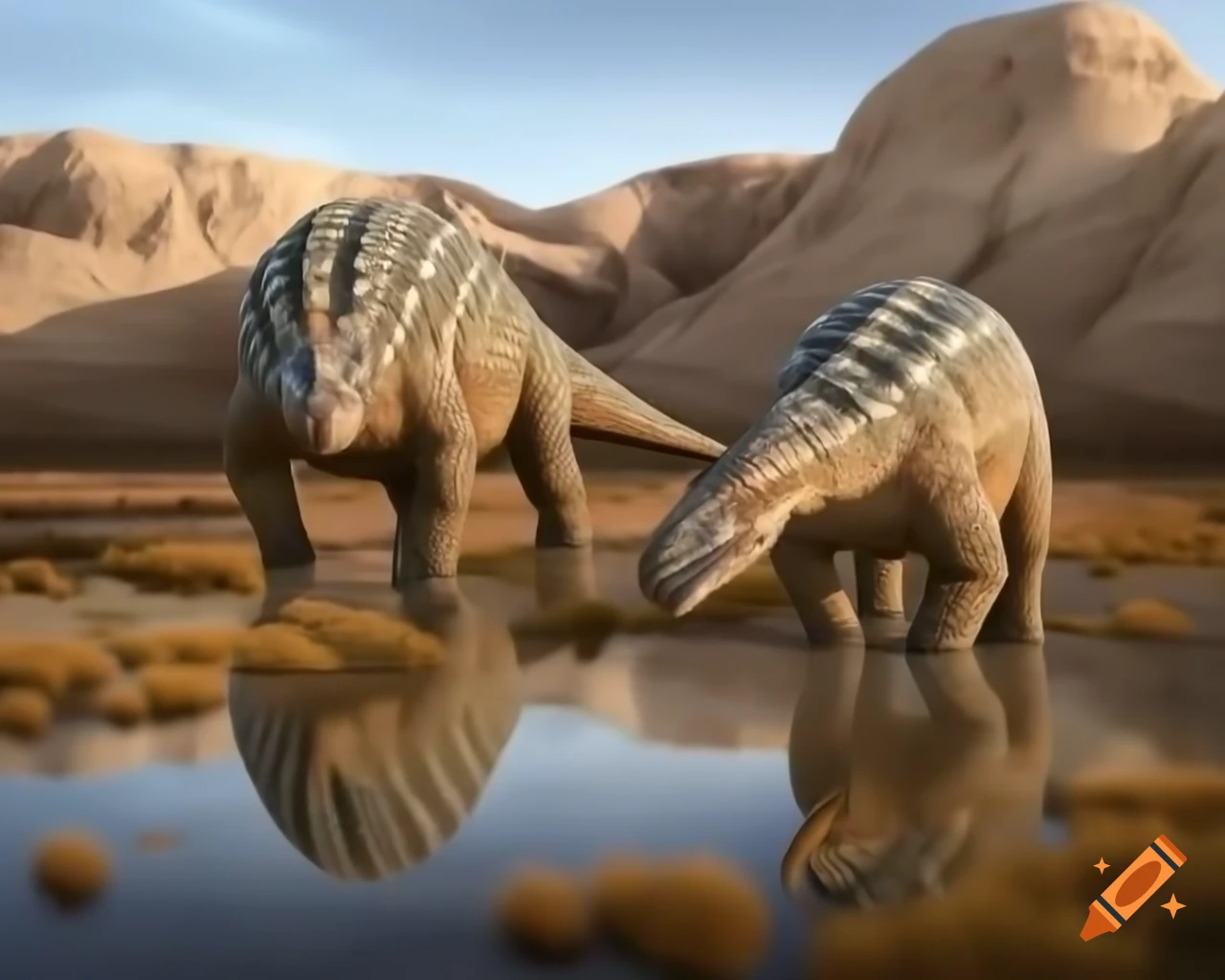 Cinnamon and brown striped ankylosaurus drinking from desert pond in Badlands landscape