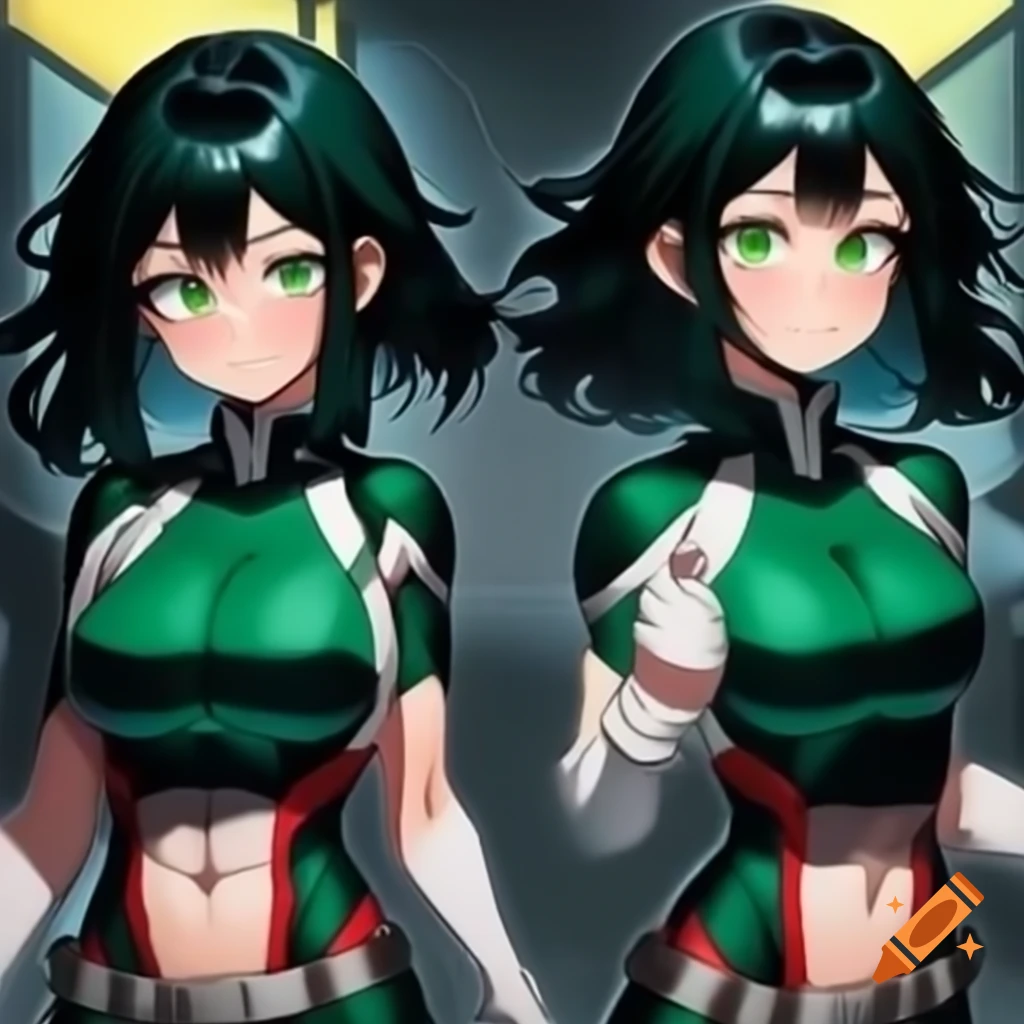 Anime character with long black hair and green eyes inspired by My Hero Academia