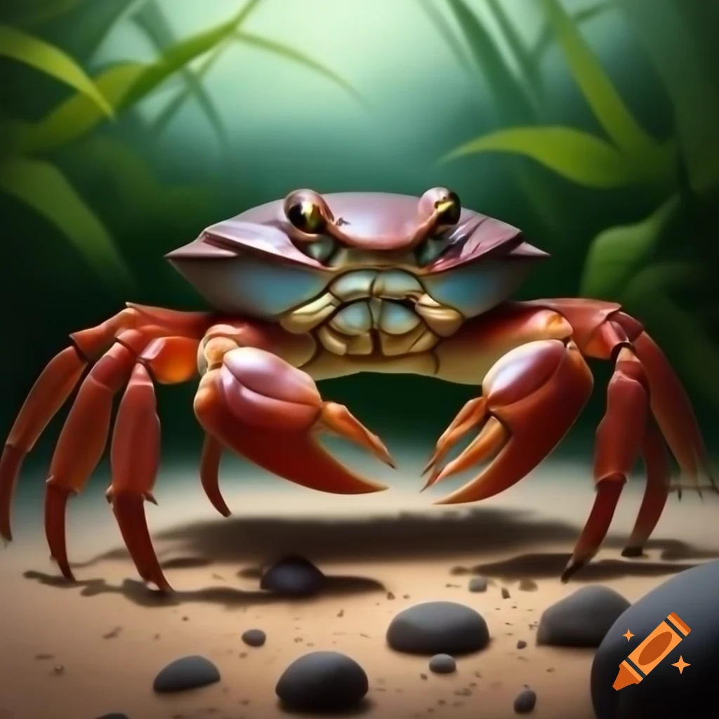 Giant dark-brown crab with raised claw on sandy path through vegetation, detailed oil painting