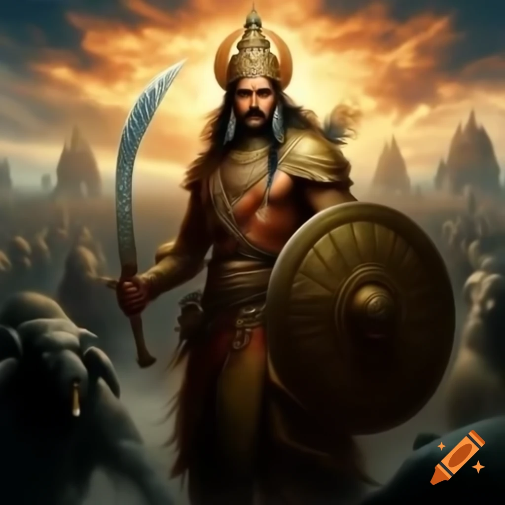 Ancient Indian warrior in battle wearing gold armor with intricate designs