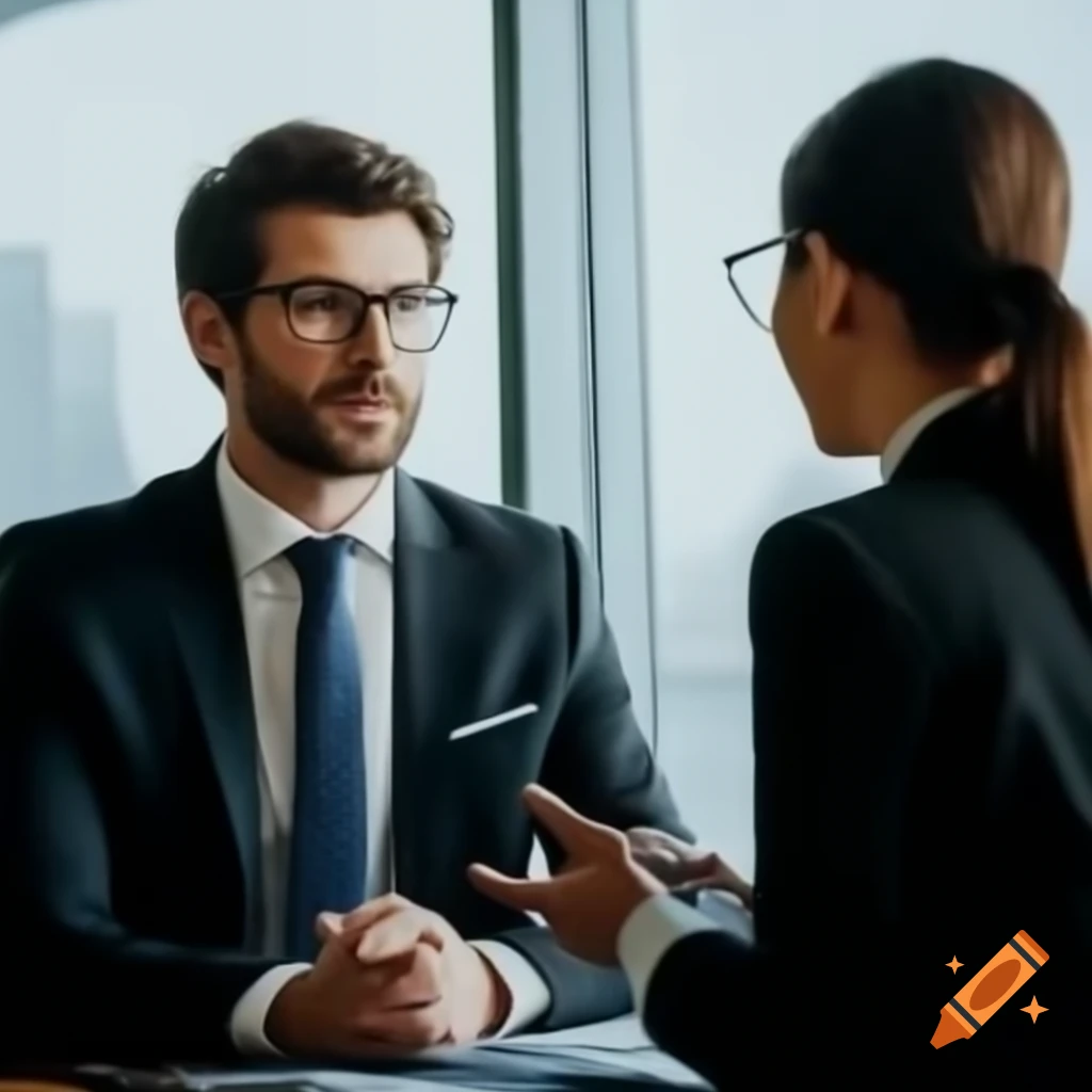 Business meeting between a person in a suit and a businesswoman in an office