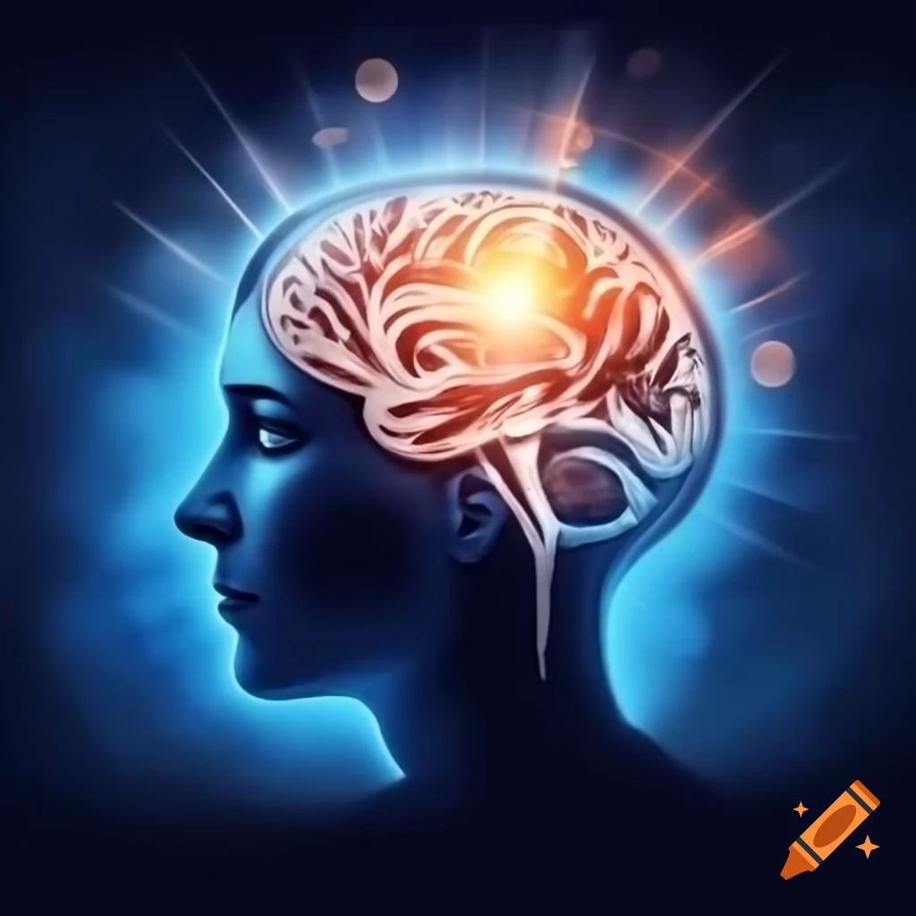 Brain with light rays linking to work, relationships, and self-image scenes