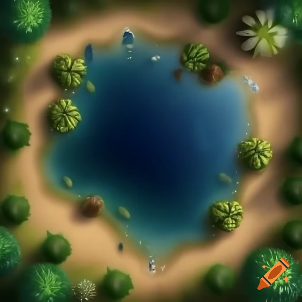 Top-down view of pond in sandy clearing surrounded by vegetation, detailed painting
