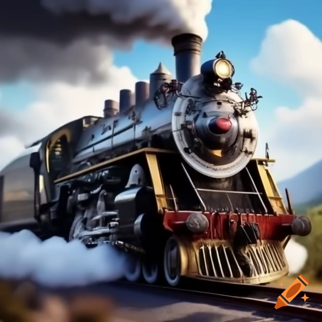 Steampunk style steam train car with puffs of steam and smoke
