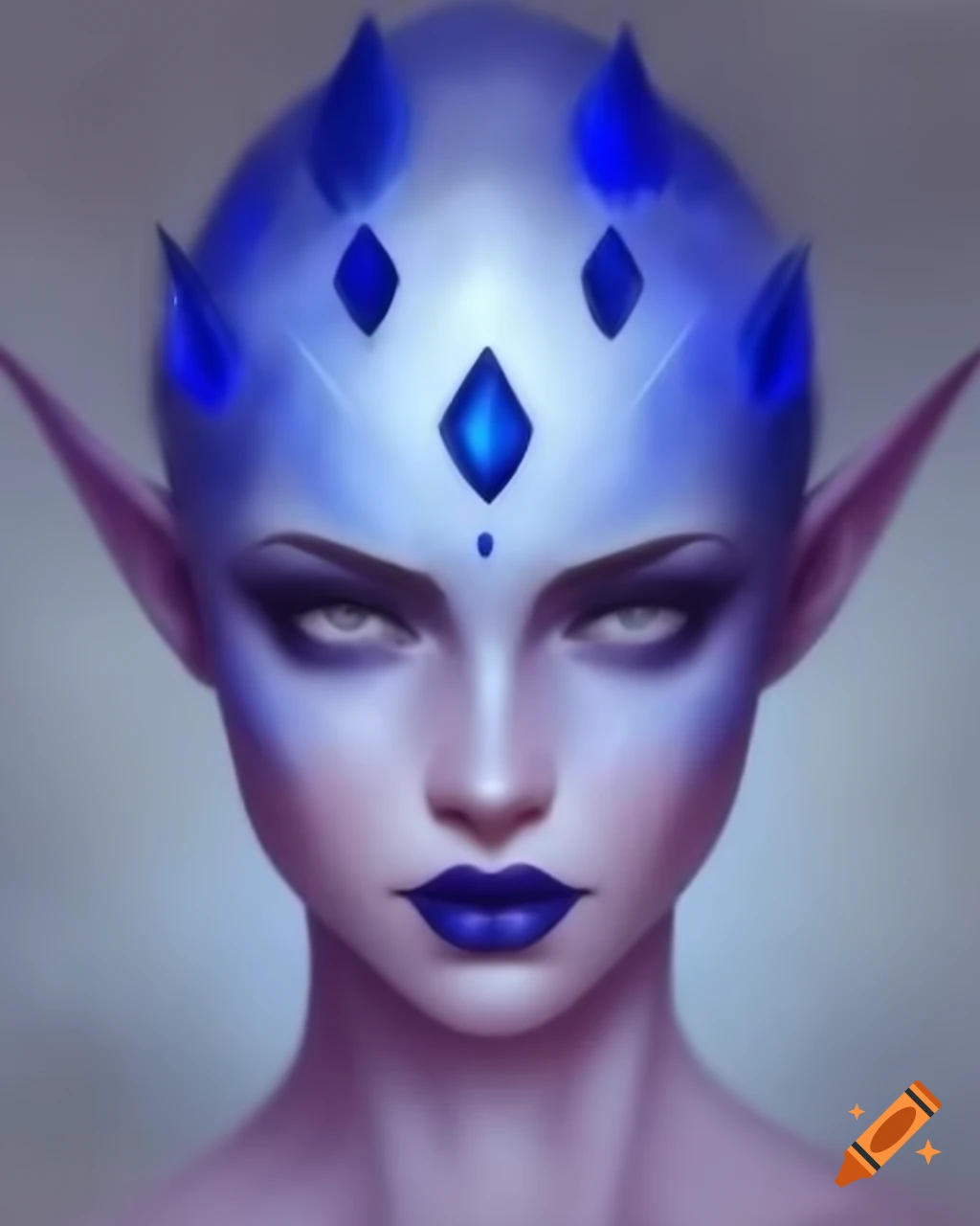 Portrait of a blue-skinned woman with gills, pointy ears, and a silver crown