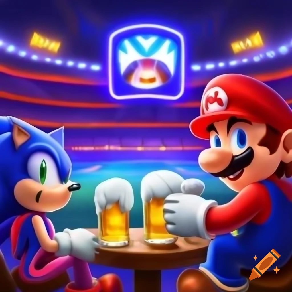 Mario and Sonic competing at Olympic Games with beer
