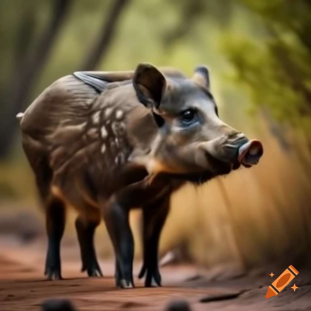 Wild boar on sandy path through vegetation, acrylic painting