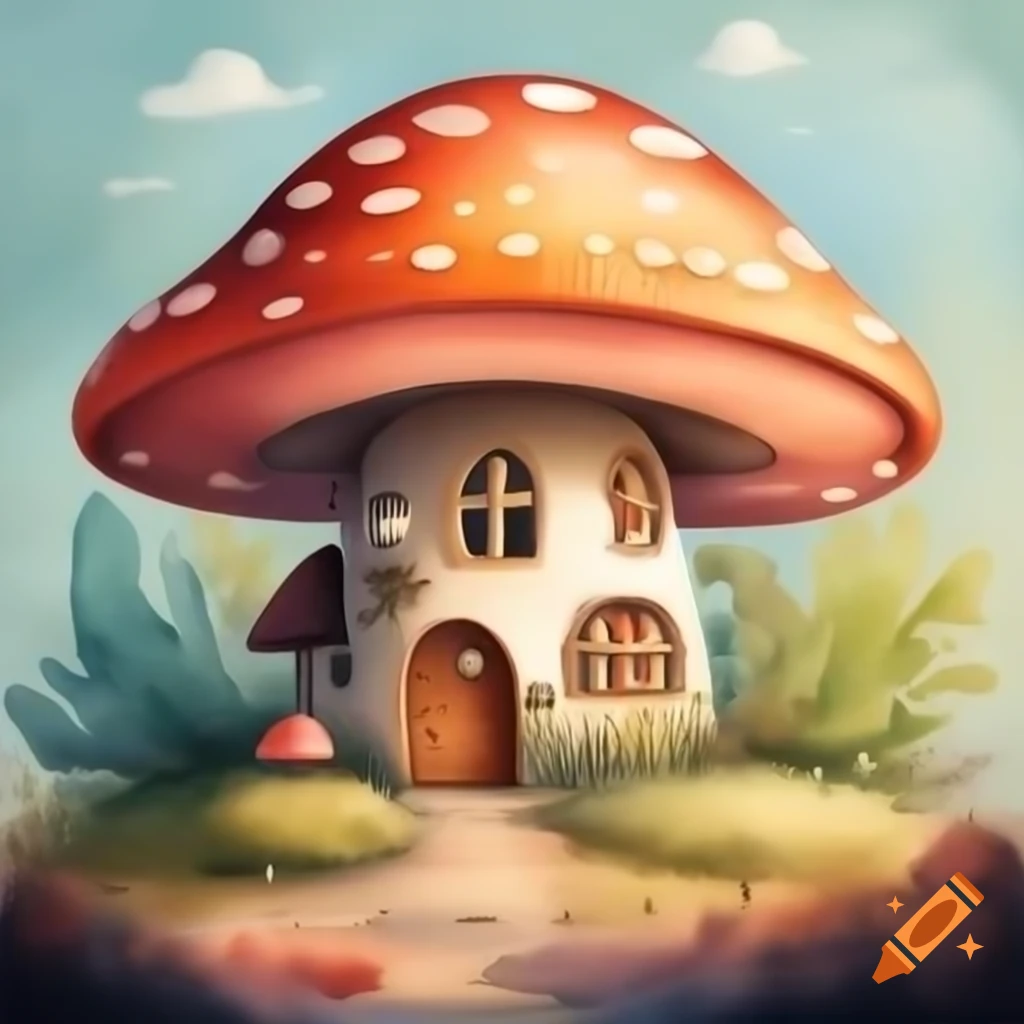 Watercolor mushroom house in warm mustard and brown tones, storybook style