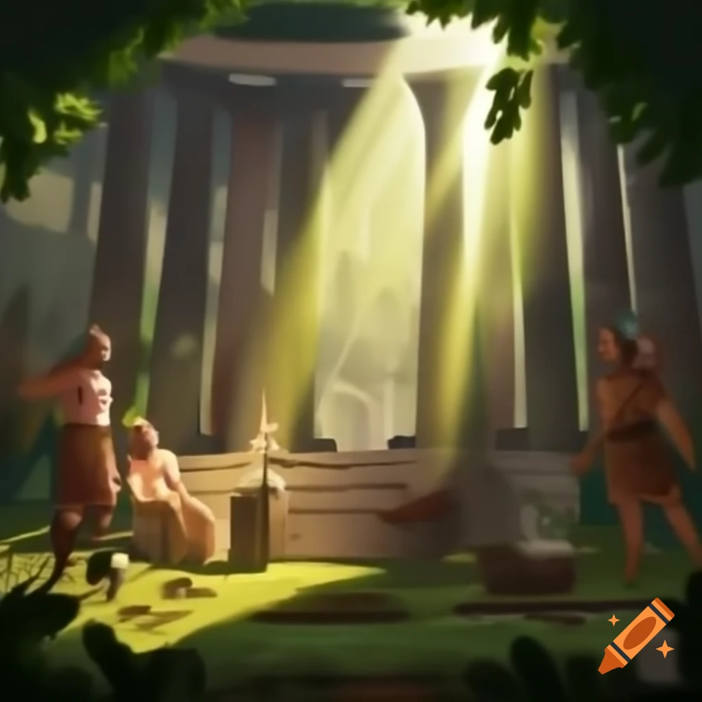 Lush ancient Greek forest with sunlight filtering through