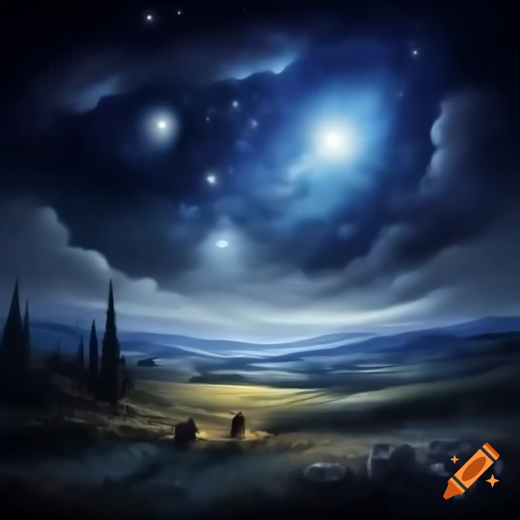 Realistic starry night scene featuring bright star, shepherds, and rolling hills