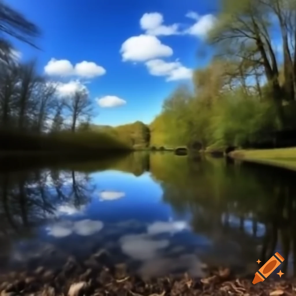 Pond with clear reflection of trees and blue sky with clouds