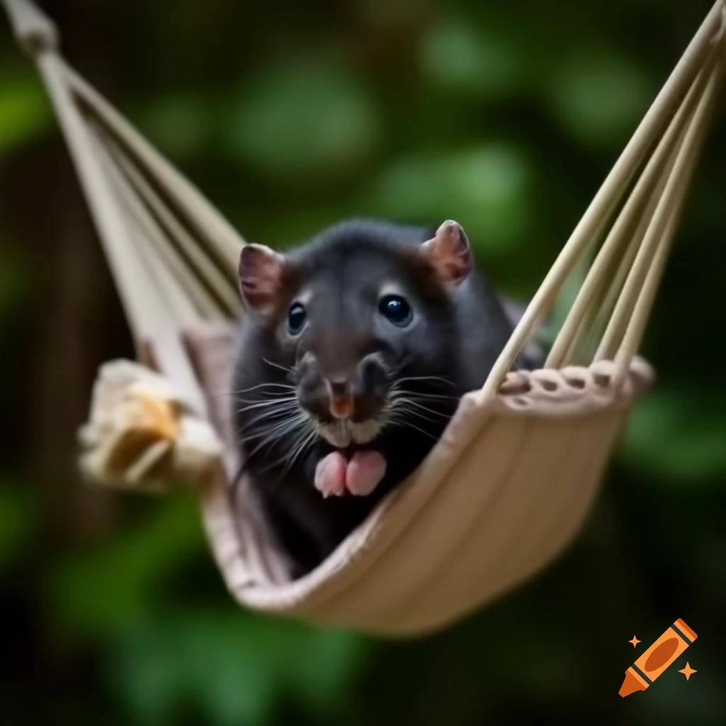 Black rat relaxing in hammock with piña colada
