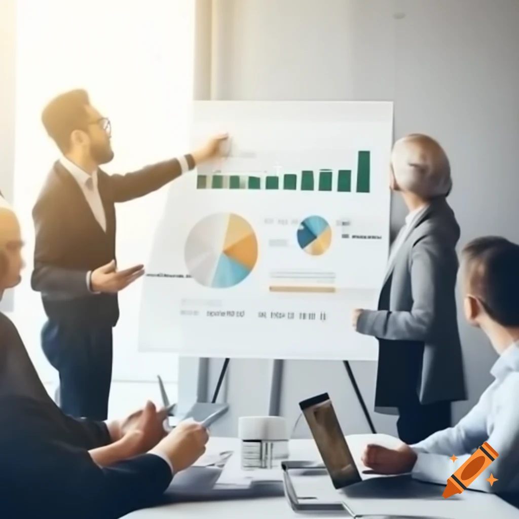 Business meeting with charts illustrating growth and success