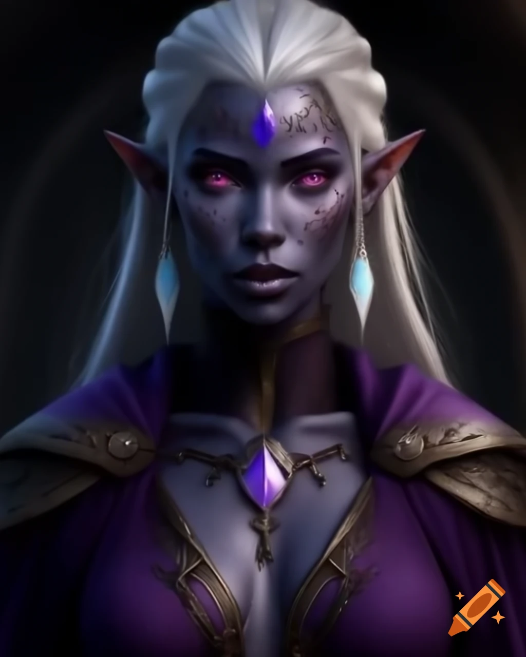Drow elf mage with black skin, amethyst eyes, and silver hair in purple robes