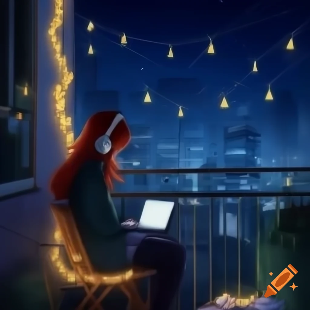 Anime girl working on laptop on balcony at night with christmas lights