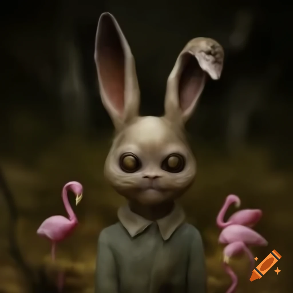 Creepy hybrid monster between a hare and a demon flamingo