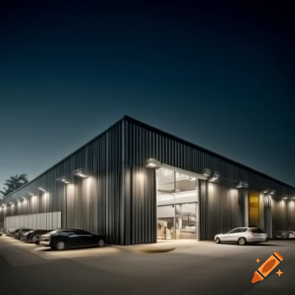 Nighttime scene of modern industrial building with illuminated vertical metal siding