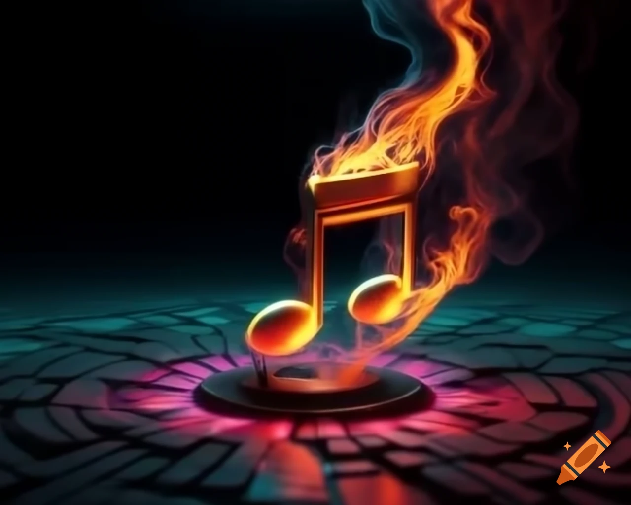 Vaporwave music notes and flames design