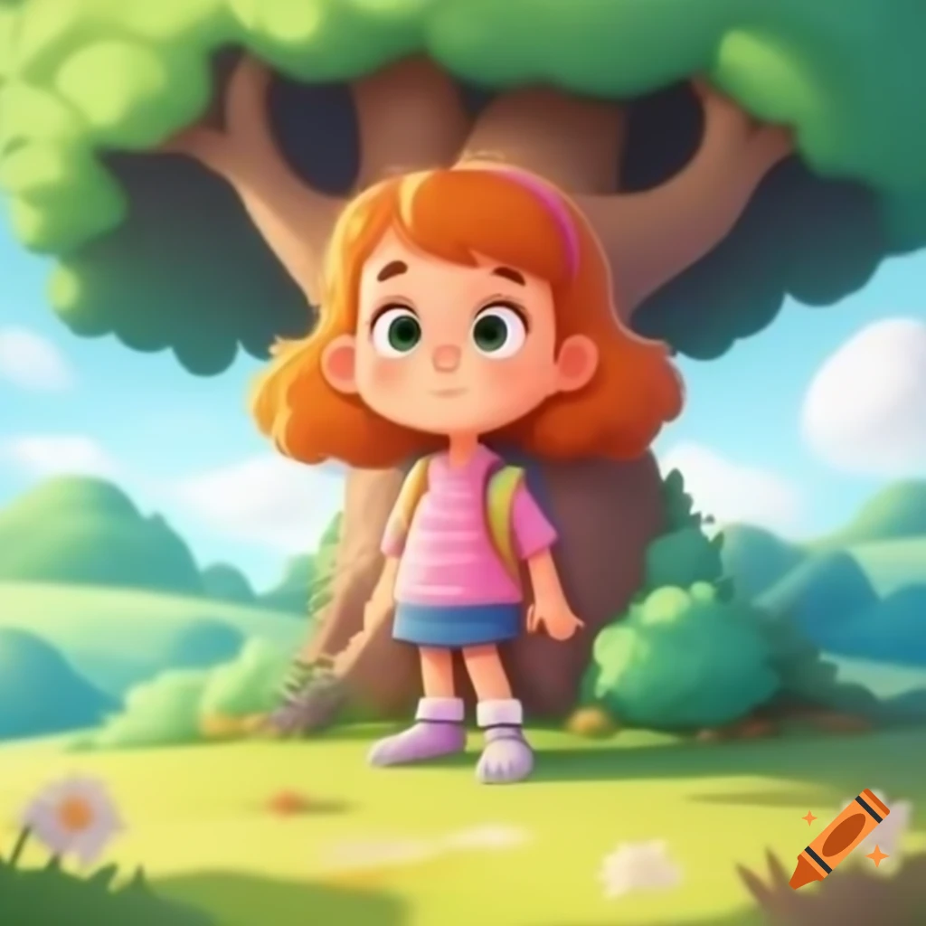 Cartoon image of a girl standing in front of a tree