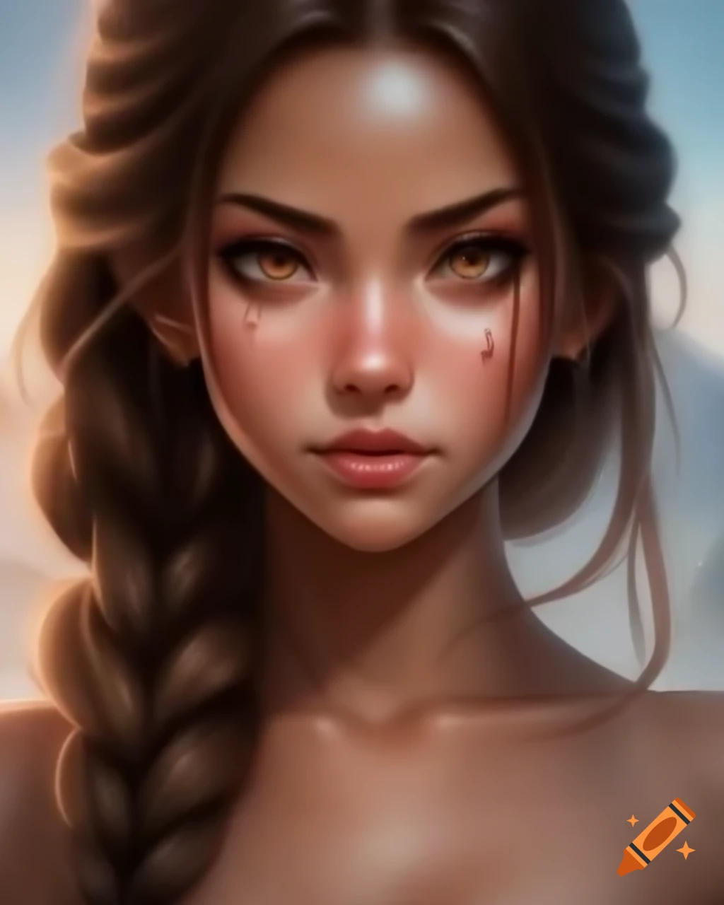Anime woman with long braided brown hair and eyepatch, serious expression
