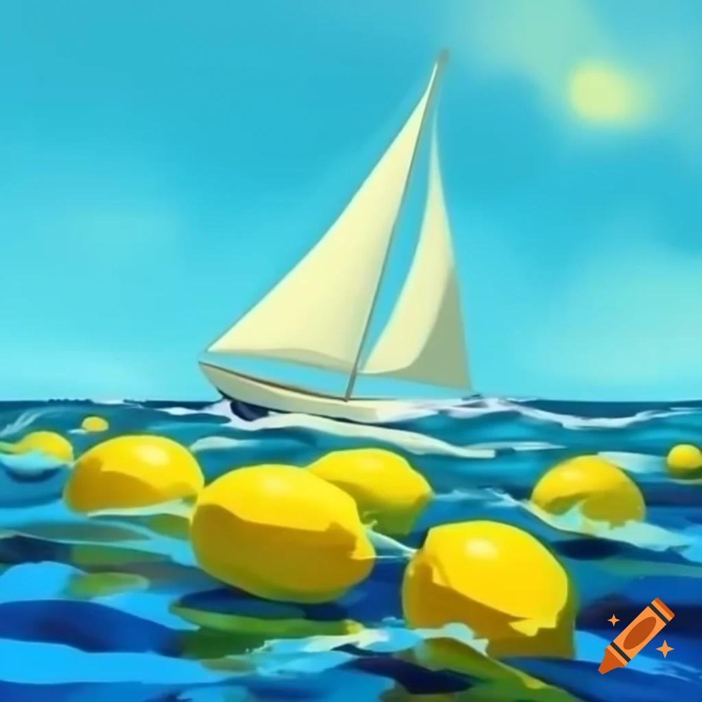 Sailboat on sea of lemons, pointillist painting