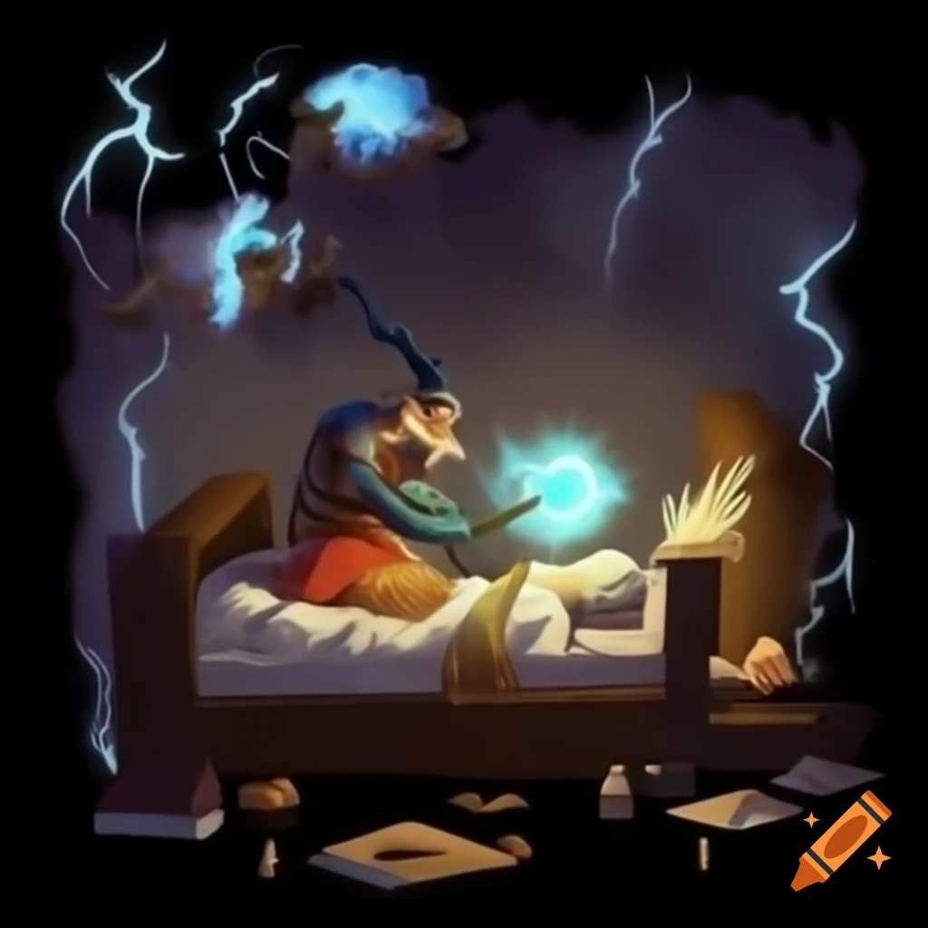 Male scientist named Forty-Too experiencing a realization with lightning, vanishing to bed