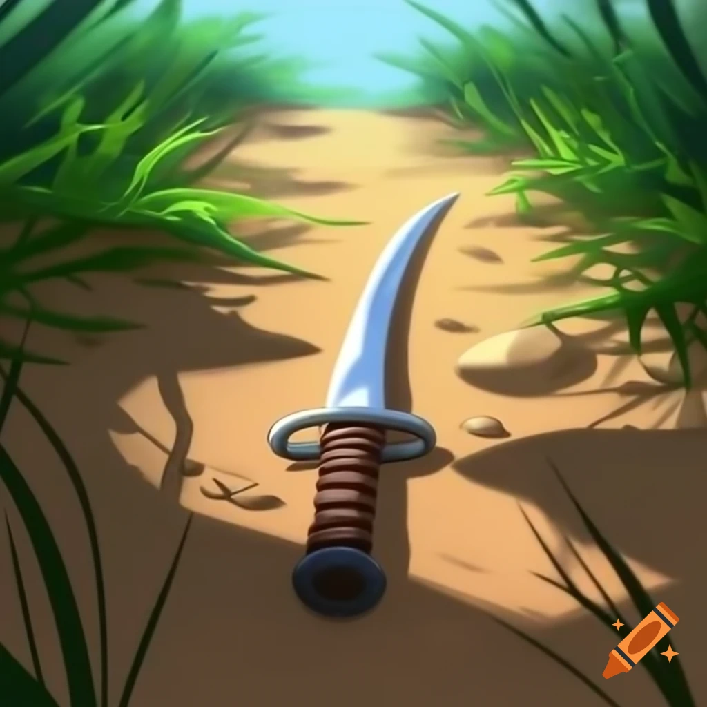 Wide-blade cutlass on sandy path through vegetation, acrylic painting